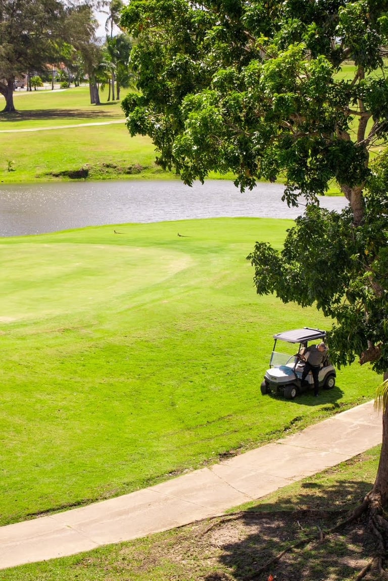 Golf cart parked on a manicured green grass fairway beside a tree with a water hazard in the background at a golf course