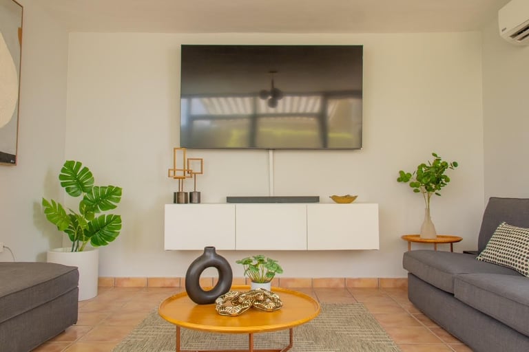 Modern living room with mounted TV, white media console, potted plants, round wooden table, and gray sofas