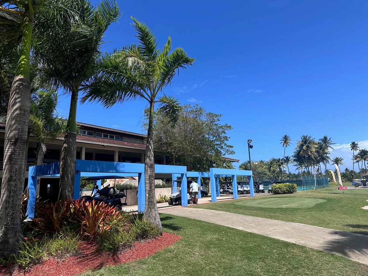 Beachside building with blue architectural features, palm trees, and manicured grounds under clear blue sky
