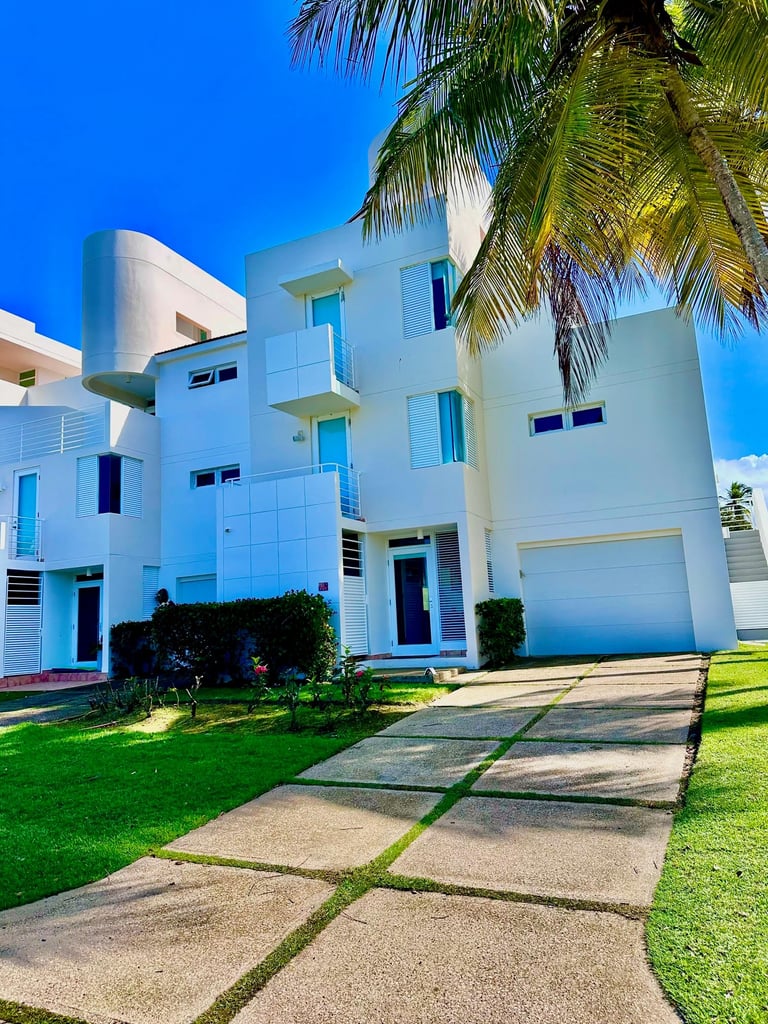 Modern white house with geometric architecture, blue windows, manicured lawn, palm tree, and concrete walkway under clear blue sky