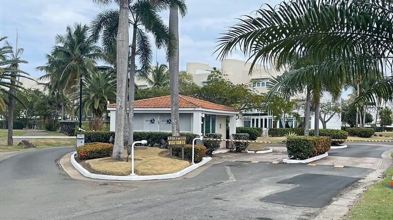 A tropical gated community entrance with a white guardhouse, tall palm trees, and landscaped roundabout on a residential street